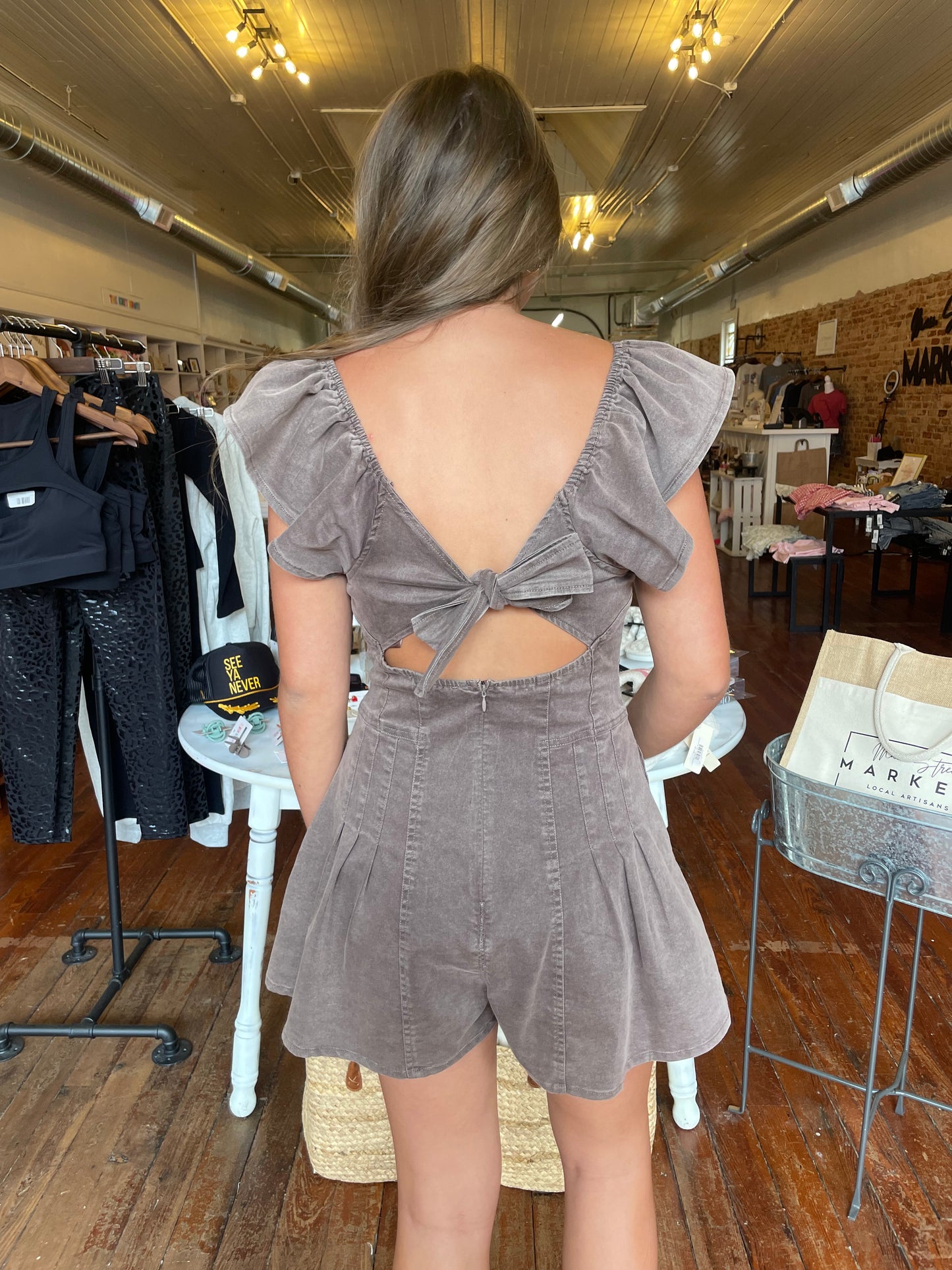 Sweetheart Ruffle Sleeve Denim Romper